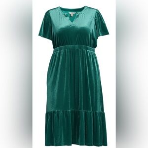 Flutter Sleeve Y-Neck Velvet Dress with Elastic Waist